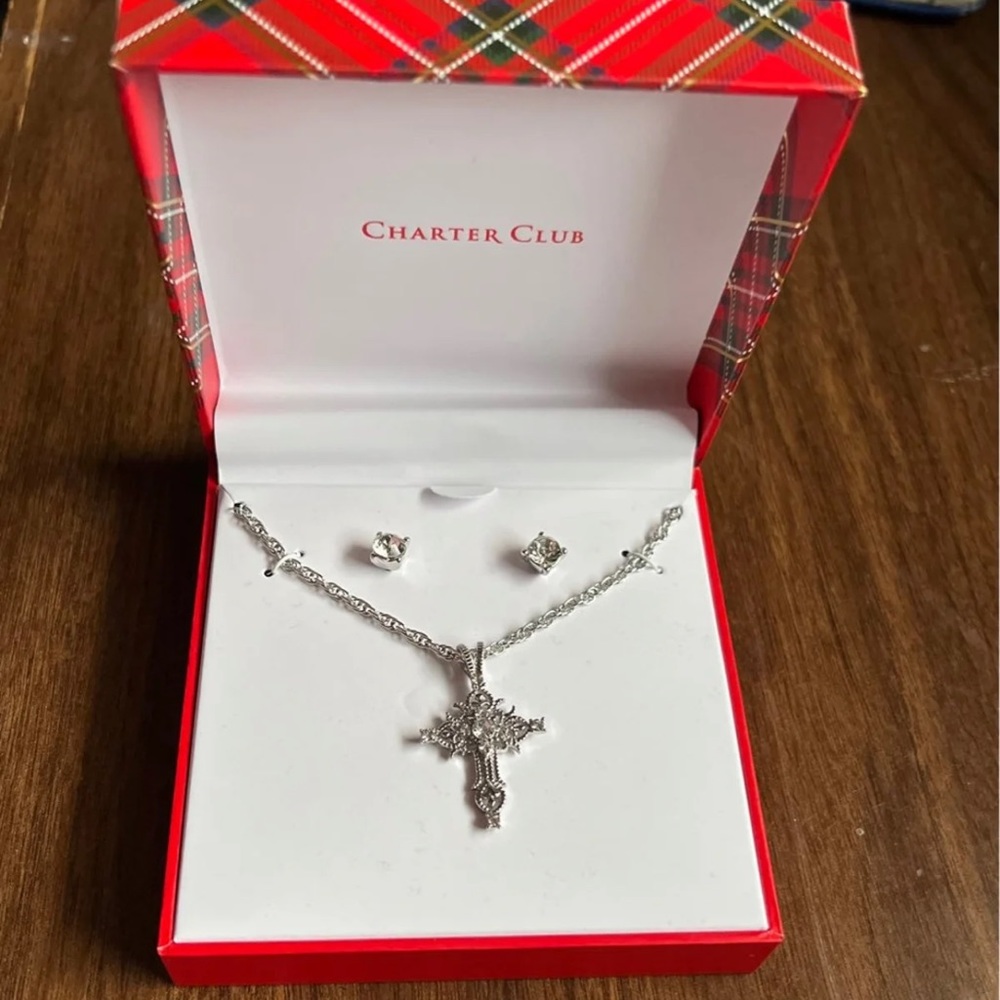 Silver cross necklace & stud earrings